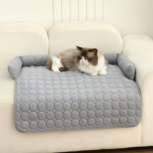 Corduroy Pet Bed with Neck Pillow – Soft Calming Mat for Dogs & Cats