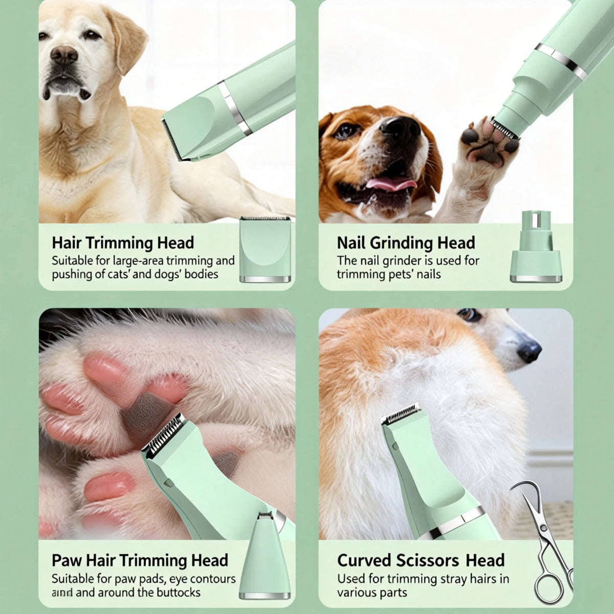 4-in-1 Pet Grooming Kit for Dogs & Cats – Quiet Rechargeable Trimmer with 4 Heads